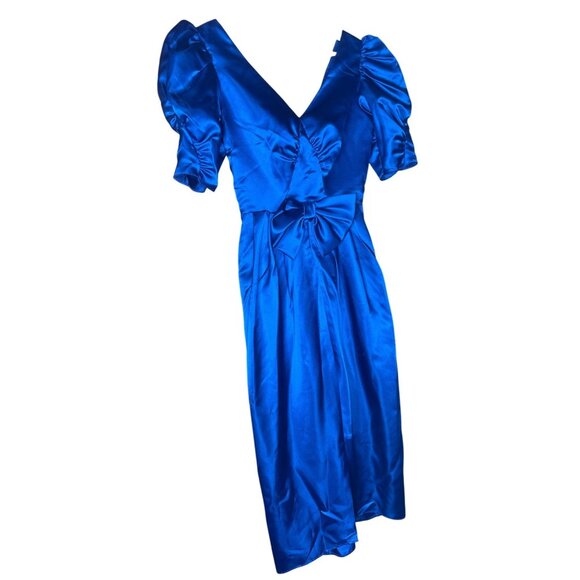 Dresses & Skirts - Vintage Royal Blue Puff Sleeve Satin Dress Size 9/10 Party Holiday 80's Christma